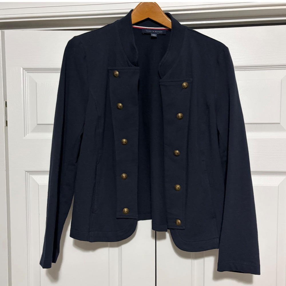 Tommy Hilfiger Military Knit Blazer Jacket Women XL Navy Blue Prep Nautical Core